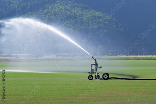Traveling big gun sprinkler for crop irrigation.