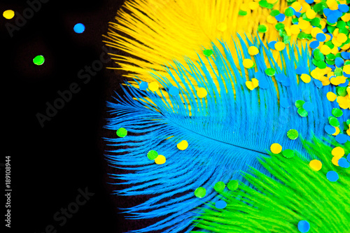 Poultry feathers and confetti are green, yellow and blue. Black background. Feathers for the Brazilian carnival costume.