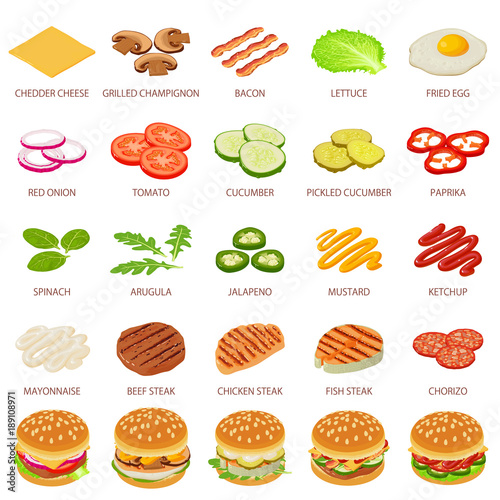 Burger ingredient icons set, isometric style