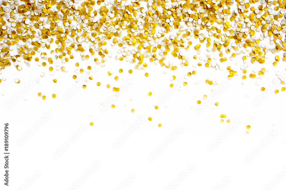 Golden shiny confetti on a white background. - obrazy, fototapety, plakaty 