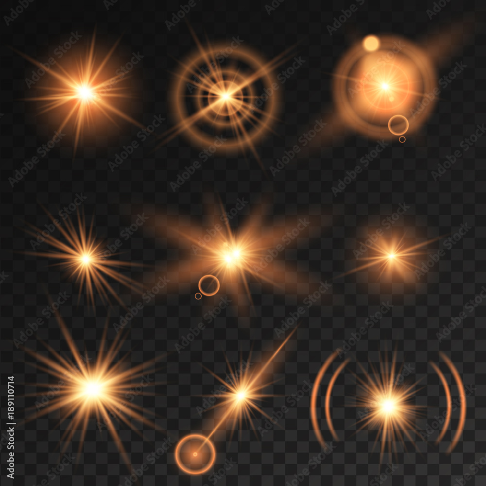 Set yellow glow light lens effect sparkles on transparent background. Vector illustration. Set yellow glow light lens effect sparkles on transparent background. Vector illustration.