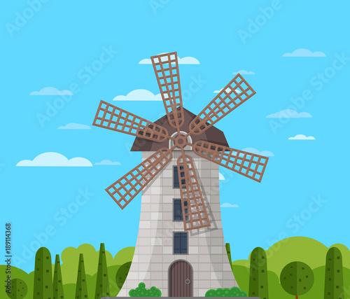 Stone windmill building on nature background. Medieval european tourist attraction vector illustration. Clean wind energy, organic agricultural production, ecological food manufacturing concept.