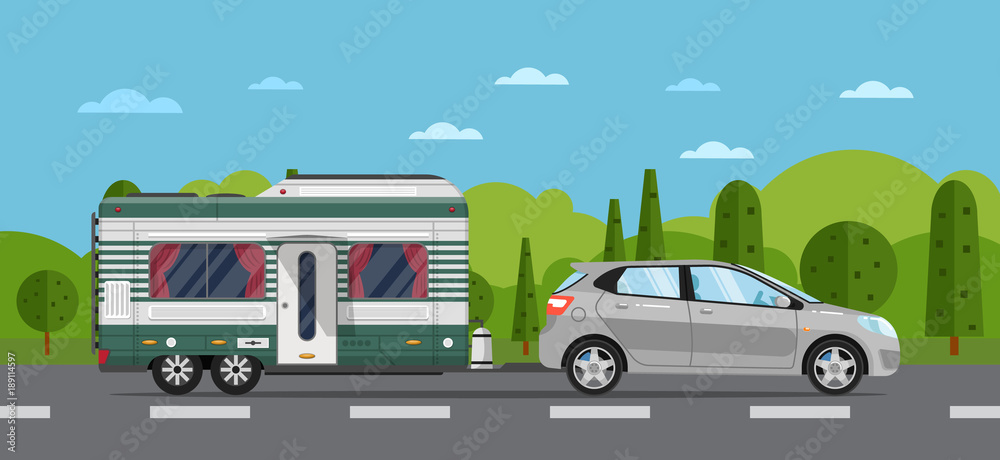 Road travel poster with hatchback car and camping trailer on nature background. RV trailer caravan, compact motorhome, mobile home for country traveling and outdoor family vacation vector illustration