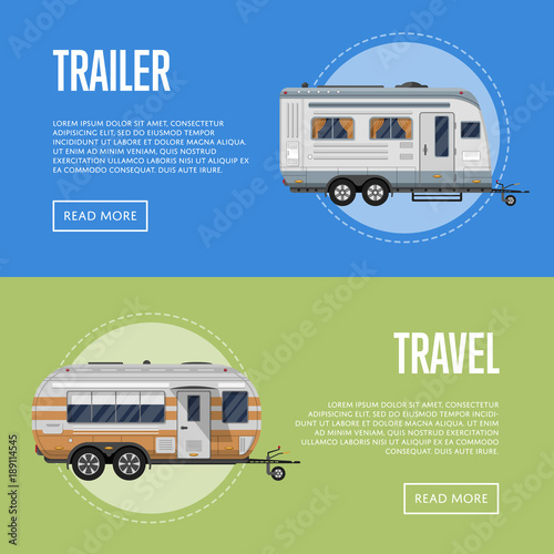 Modern travel trailer flyers set. Car RV trailer caravan, compact motorhome, mobile home for country traveling and outdoor family vacation. Side view recreational vehicles vans vector illustration