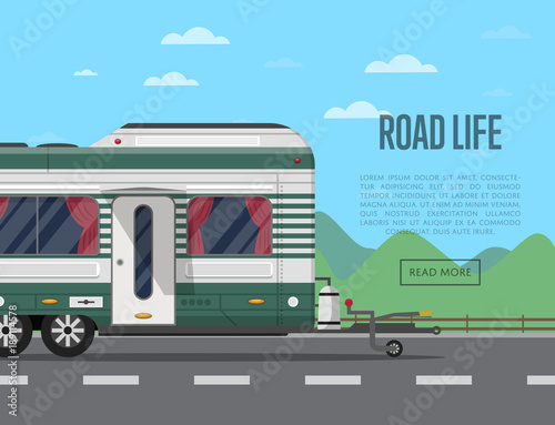 Road life poster with camping trailer on nature background. Side view car RV trailer caravan, compact motorhome, mobile home for country traveling and outdoor family vacation vector illustration