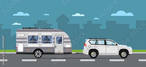 Road travel poster with suv car and camping trailer on highway. Modern RV trailer caravan, compact motorhome, mobile home for country traveling and outdoor family vacation vector illustration.