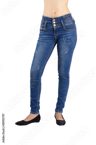 Sexy woman is wearing blue jeans.