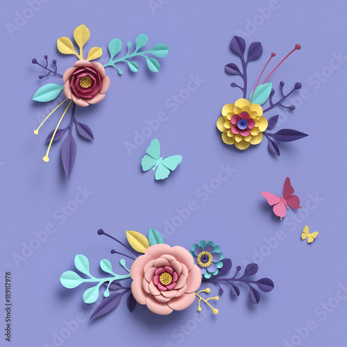 Fototapeta Naklejka Na Ścianę i Meble -  3d rendering, abstract floral background, paper flowers, botanical pattern, bridal round bouquet, papercraft, candy pastel colors, bright hue palette