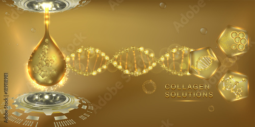 Gold collagen Serum drop, cosmetic advertising background ready to use, luxury skin care ad. illustration vector.