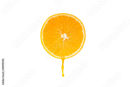 orange slice and orange juice drop isolated on white background