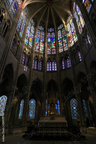Paris,France-January 19,2018: Stained glass of Basilique Saint-Denis, a Gothic architecture and an architectural landmark in Paris.