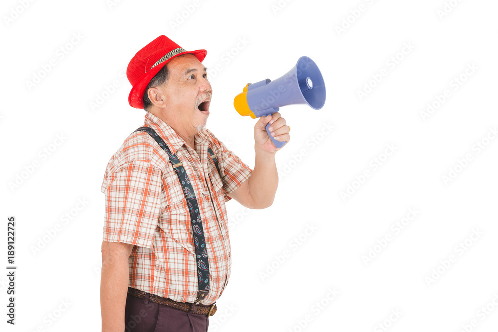 Asian senior man holding with megaphone shouting