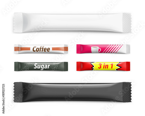 Universal mockups of blank packaging sticks. Vector illustration isolated on white background, ready and simple to use for your design. The mock-up will make the presentation look realistic possible.