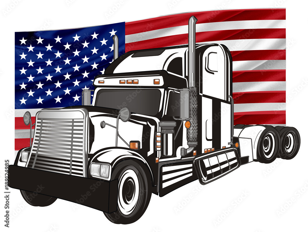 Auto, trailer, American large car, American trailer, large trailer, truck,  wagon, big, american, transportation, illustration, transport, flag, USA,  black and white Stock Illustration | Adobe Stock