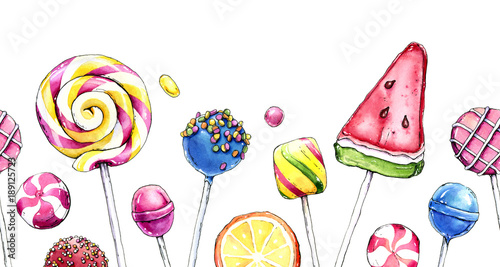 Hand drawn watercolor illustration of colorful sweets isolated on white background. Seamless border. photo