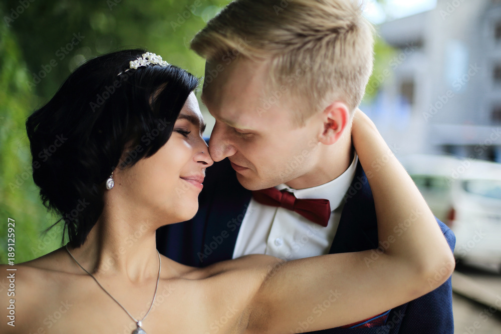 closeup. portrait of tender couple on the wedding day. closeup. portrait of tender couple on the wedding day.