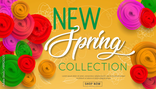Spring sale banner "new collection" with paper flowers for online shopping, advertising actions, magazines and websites. Spring new collection background with beautiful colorful flower.
