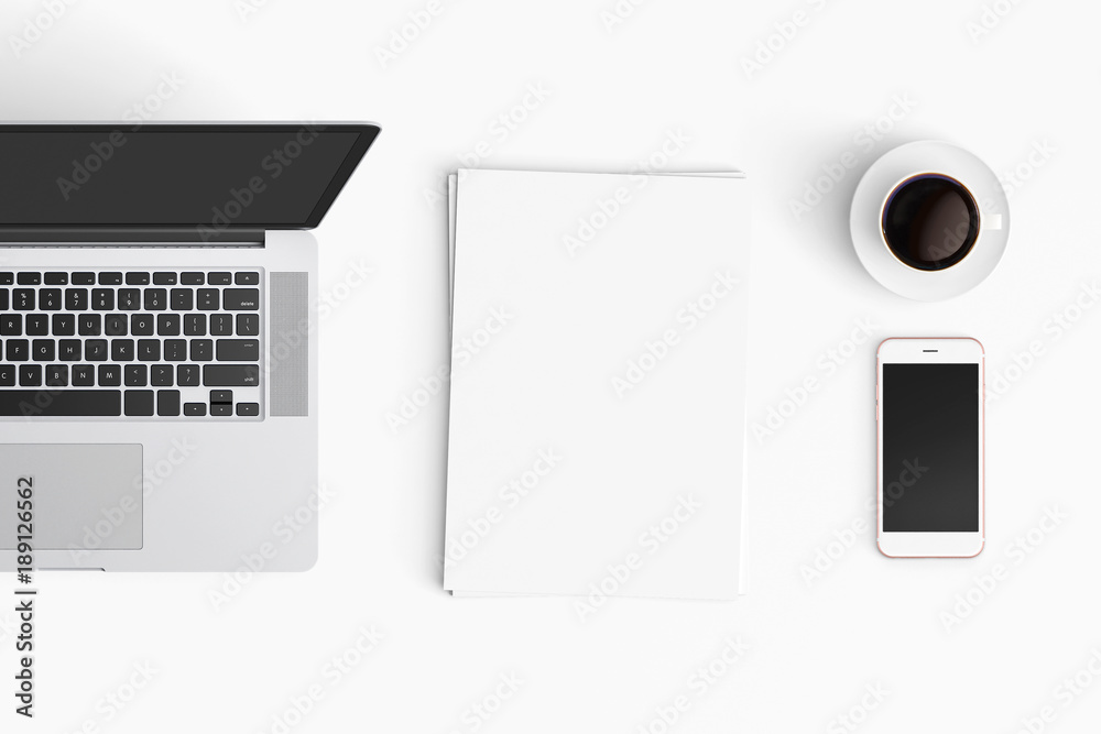 Modern workspace with coffee cup, smartphone, paper, notebook, tablet and laptop copy space on white color background. Top view. Flat lay style. Modern workspace with coffee cup, smartphone, paper, notebook, tablet and laptop copy space on white color background. Top view. Flat lay style.