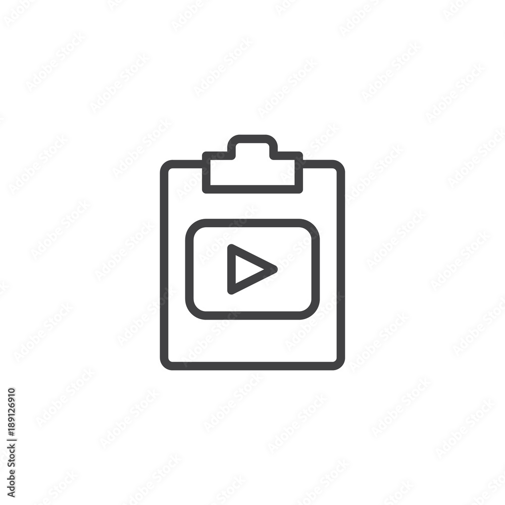 Media file document line icon, outline vector sign, linear style pictogram isolated on white. Clipboard and play button symbol, logo illustration. Editable stroke Media file document line icon, outline vector sign, linear style pictogram isolated on white. Clipboard and play button symbol, logo illustration. Editable stroke