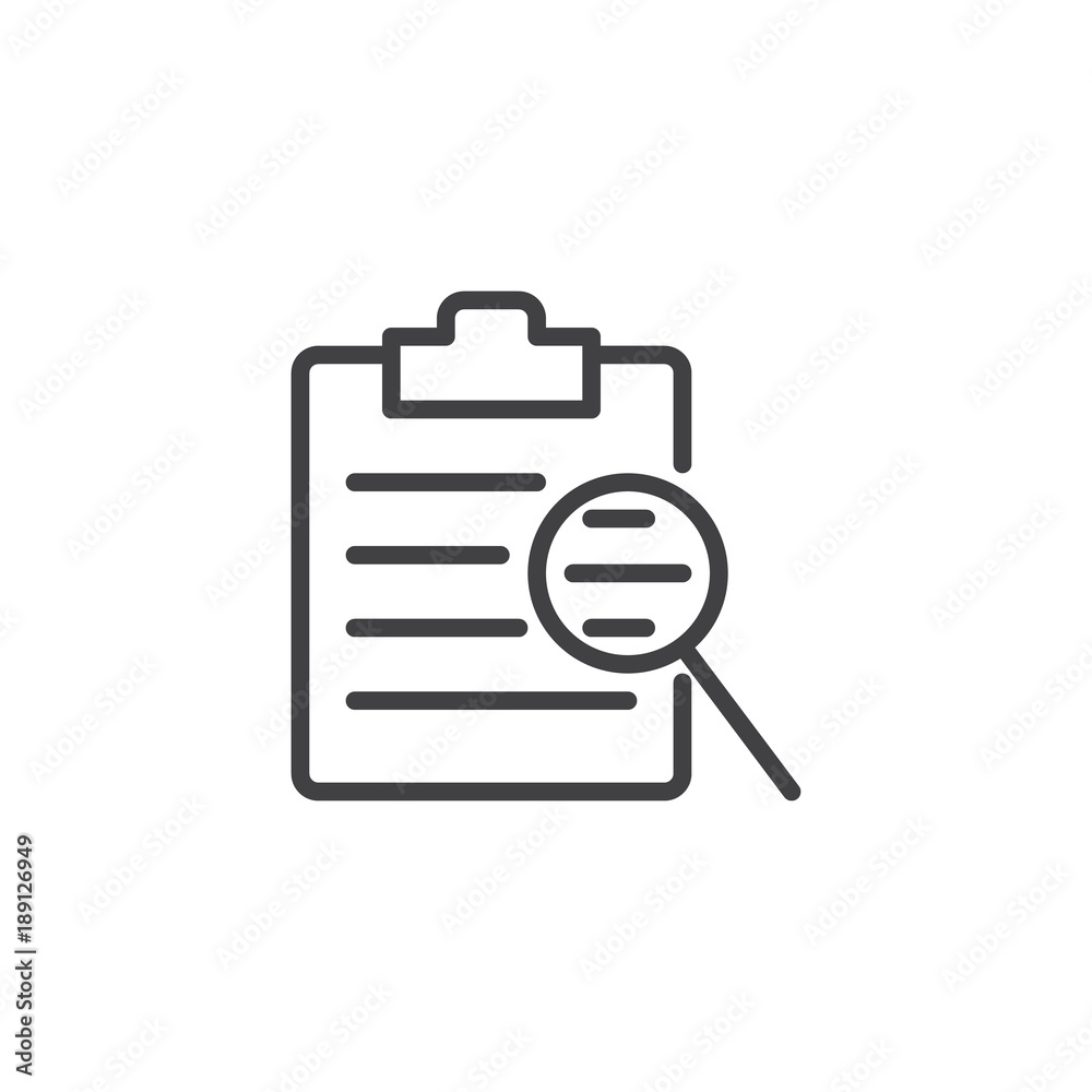 Clipboard checklist and magnifying glass line icon, outline vector sign, linear style pictogram isolated on white. Search document file symbol, logo illustration. Editable stroke Clipboard checklist and magnifying glass line icon, outline vector sign, linear style pictogram isolated on white. Search document file symbol, logo illustration. Editable stroke