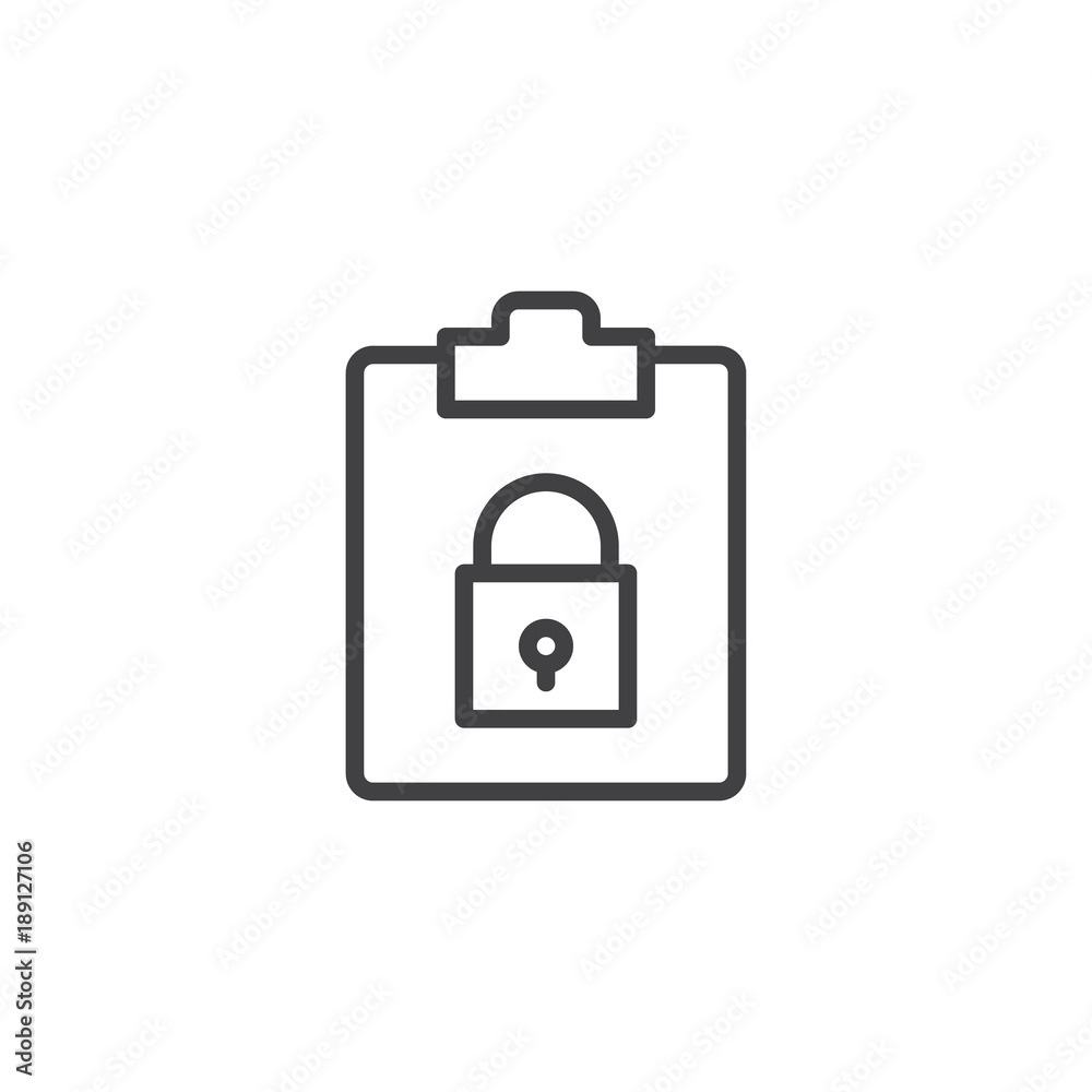 File security line icon, outline vector sign, linear style pictogram isolated on white. Clipboard with padlock symbol, logo illustration. Editable stroke File security line icon, outline vector sign, linear style pictogram isolated on white. Clipboard with padlock symbol, logo illustration. Editable stroke
