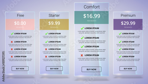 Banners with tariffs plan. Comparison of pricing table set for business, bullet list with commercial plan. Template for prices of business product.