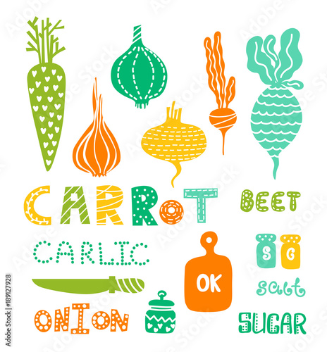 set of vegetables and kitchen items
