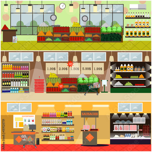 Grocery store or supermarket interior vector flat poster set