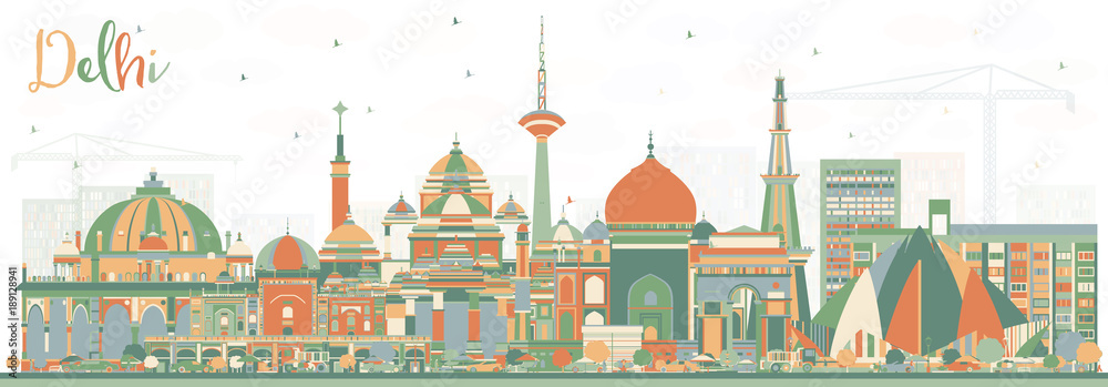 Delhi India City Skyline with Color Buildings. Delhi India City Skyline with Color Buildings.