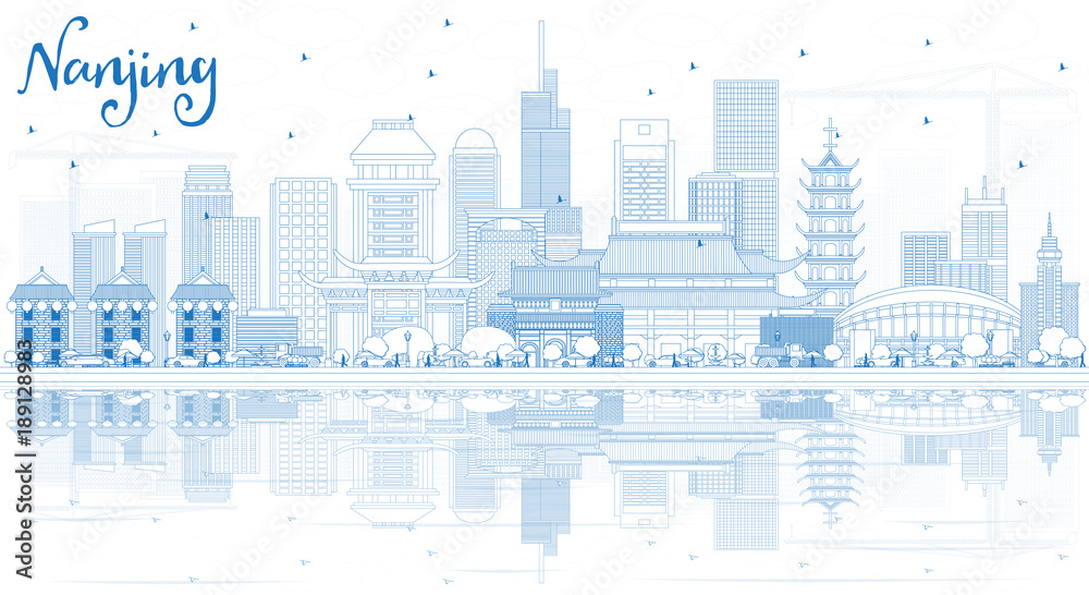 Outline Nanjing China City Skyline with Blue Buildings and Reflections.