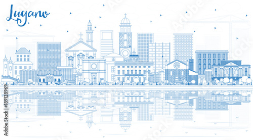 Outline Lugano Switzerland Skyline with Blue Buildings and Reflections.