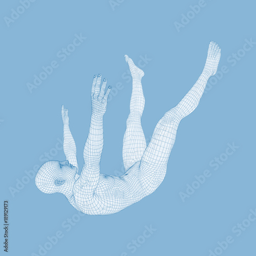 3d Man Slipping and Falling. Silhouette of a Man Fallen Down. 3D Model of Man. Human Body Model. Vector Illustration.