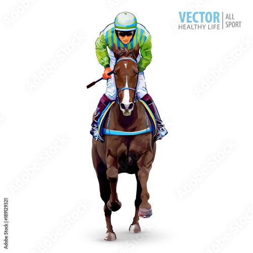 Jockey on horse. Champion. Horse racing. Hippodrome. Racetrack. Jump racetrack. Horse riding. Racing horse coming first to finish line. Isolated on white background. Vector illustration © mari