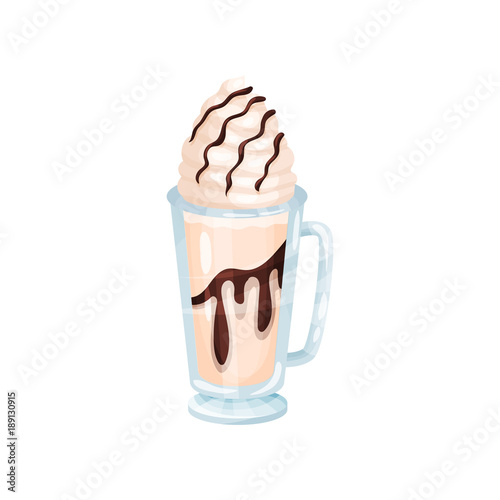 Milkshake with whipped cream and chocolate syrup, refreshment beverage in glass cup cartoon vector Illustration © Happypictures