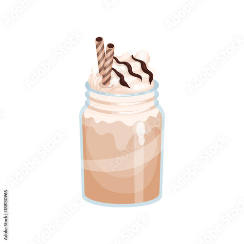 Chocolate or mocha milk smoothie, refreshment beverage in mason jar cartoon vector Illustration
