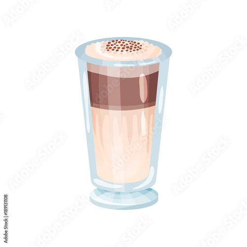 Latte macchiato layered coffee glass cartoon vector Illustration