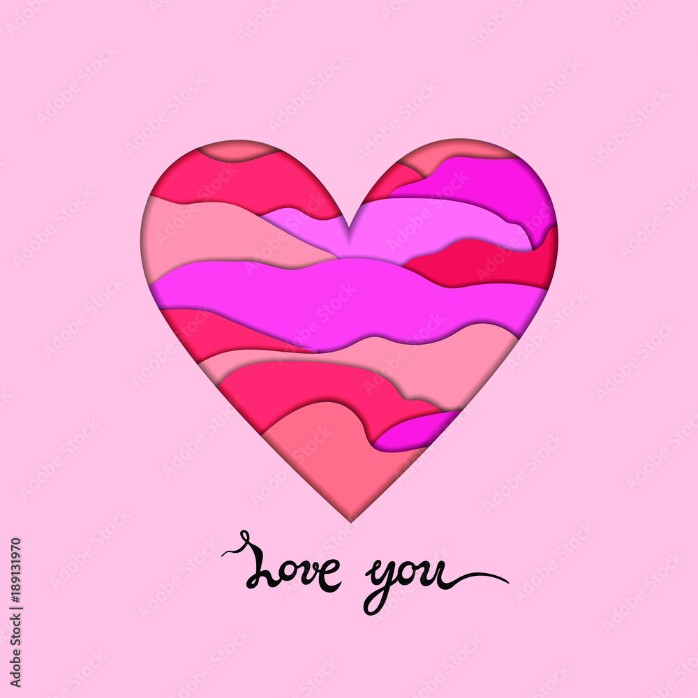 Paper Cut Heart with Love You hand drawn lettering on pink background. Template for St. Valentine's Day, invitation, party, Mother day, greeting card. Vector illustration. Paper Cut Heart with Love You hand drawn lettering on pink background. Template for St. Valentine's Day, invitation, party, Mother day, greeting card. Vector illustration.