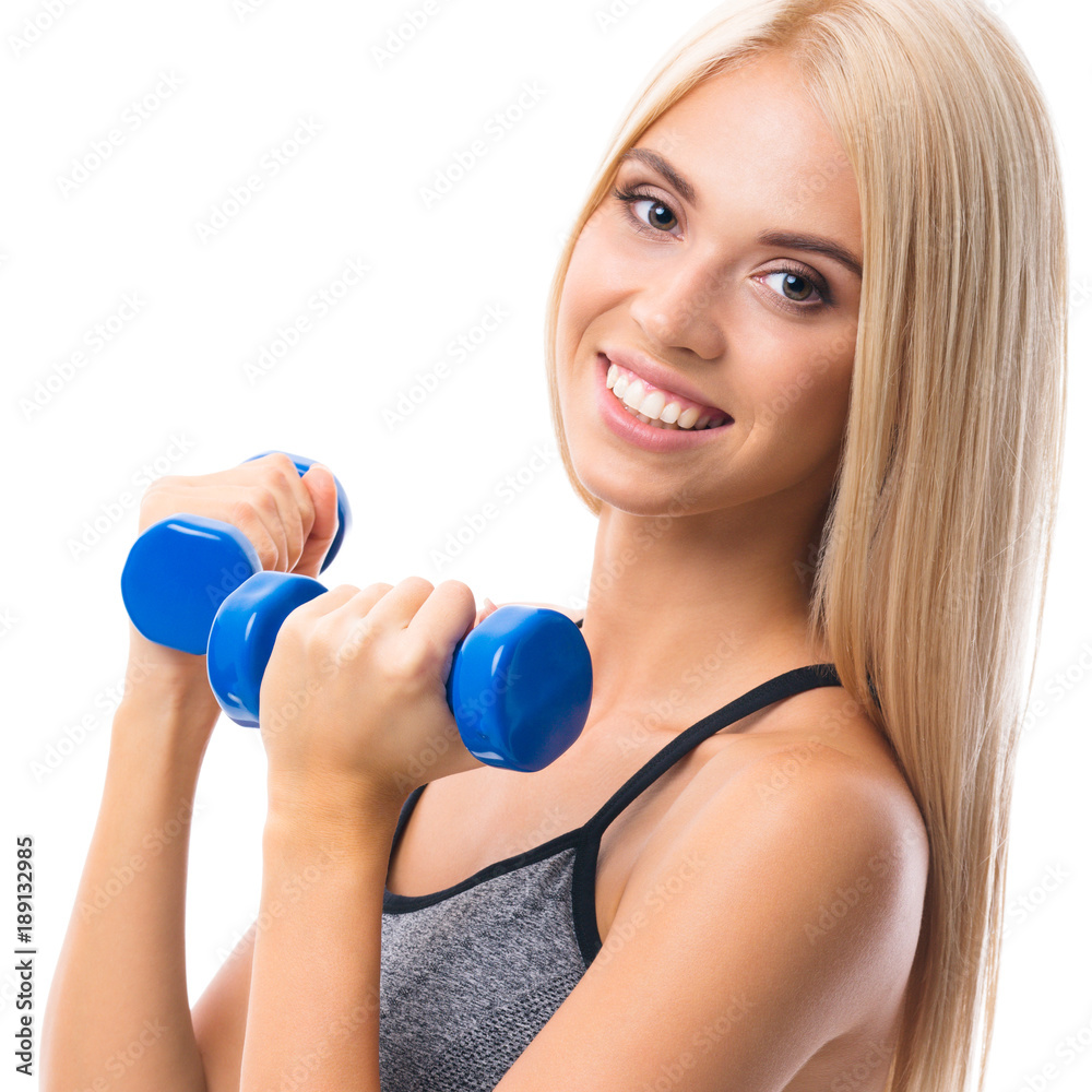 Woman in sportswear, doing exercise with dumbbells Woman in sportswear, doing exercise with dumbbells