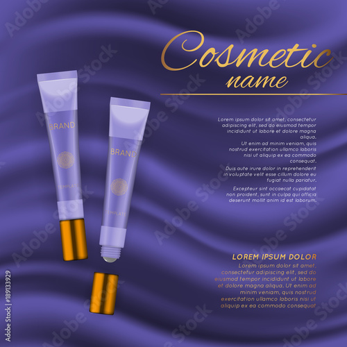 Vector 3D cosmetic illustration on a soft silk background. Beauty realistic cosmetic product design template.