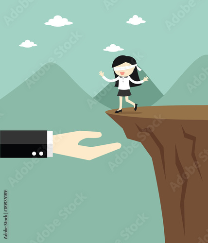 Business concept, Blindfolded business woman is walking to the cliff but the big hand offers to support her. Vector illustration.