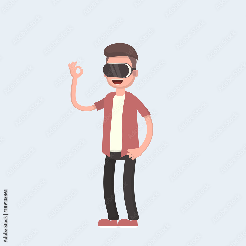 Cool vector concept on virtual reality headset in use. Guy experiences full immersion into virtual reality trying to touch non-physical object. Cool vector concept on virtual reality headset in use. Guy experiences full immersion into virtual reality trying to touch non-physical object.