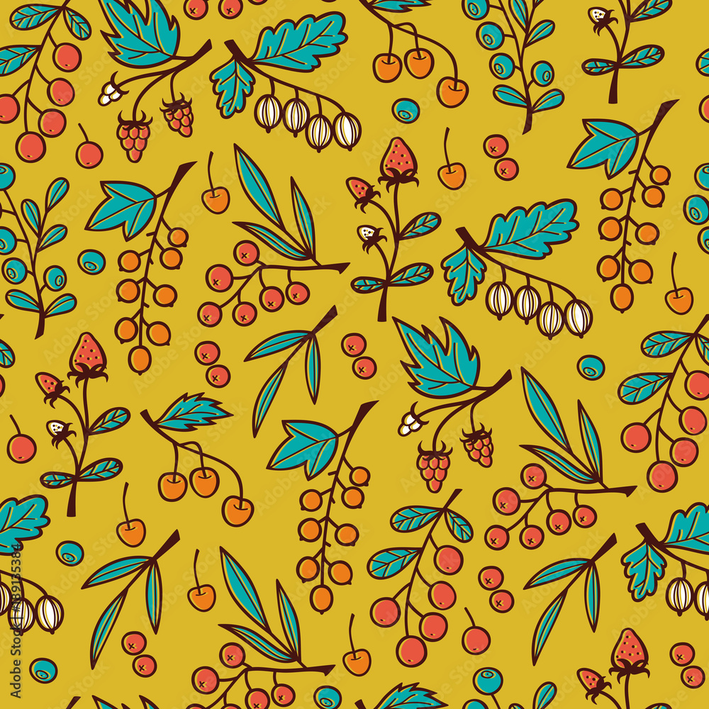 Seamless Pattern with Berries on Branches.