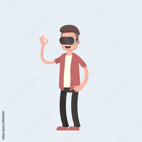 Cool vector concept on virtual reality headset in use. Guy experiences full immersion into virtual reality trying to touch non-physical object.