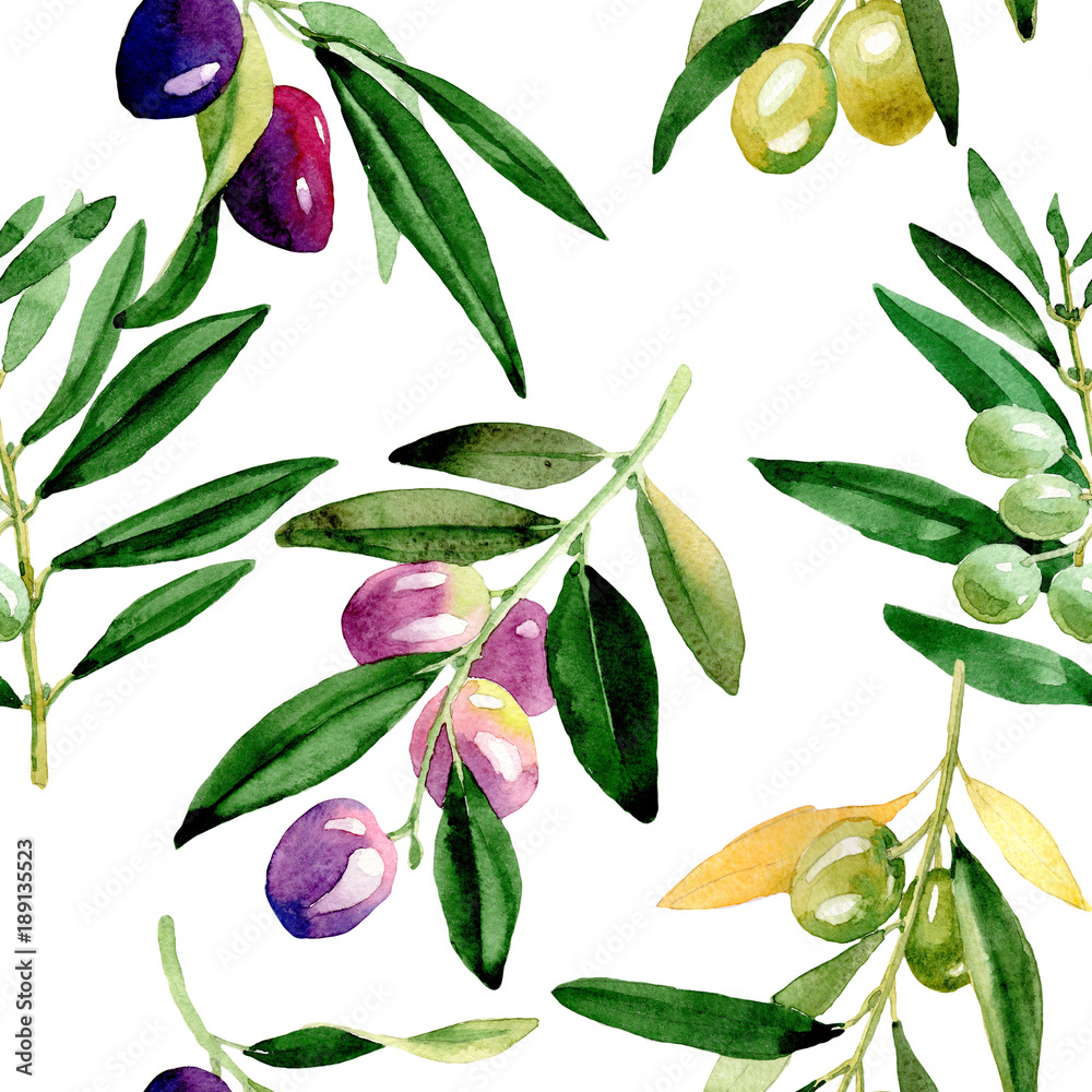 Naklejka premium Olive tree pattern in a watercolor style. Full name of the plant: Branches of an olive tree. Aquarelle olive tree for background, texture, wrapper pattern, frame or border.