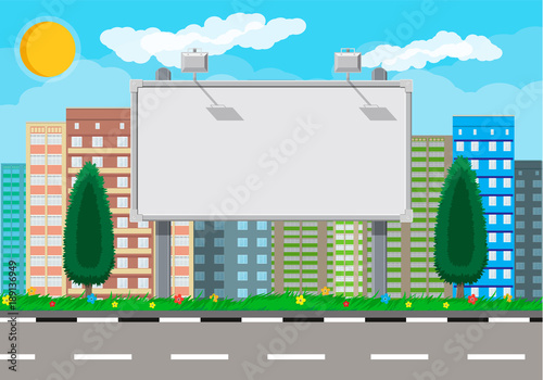 Empty urban billboard with lamp and cityscape