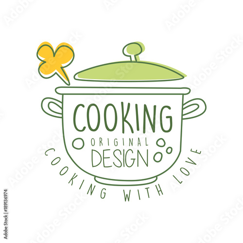 Abstract hand drawn culinary logo original design with saucepan and cooking with love lettering. Line label for food studio, home kitchen or cafe. Vector on white.