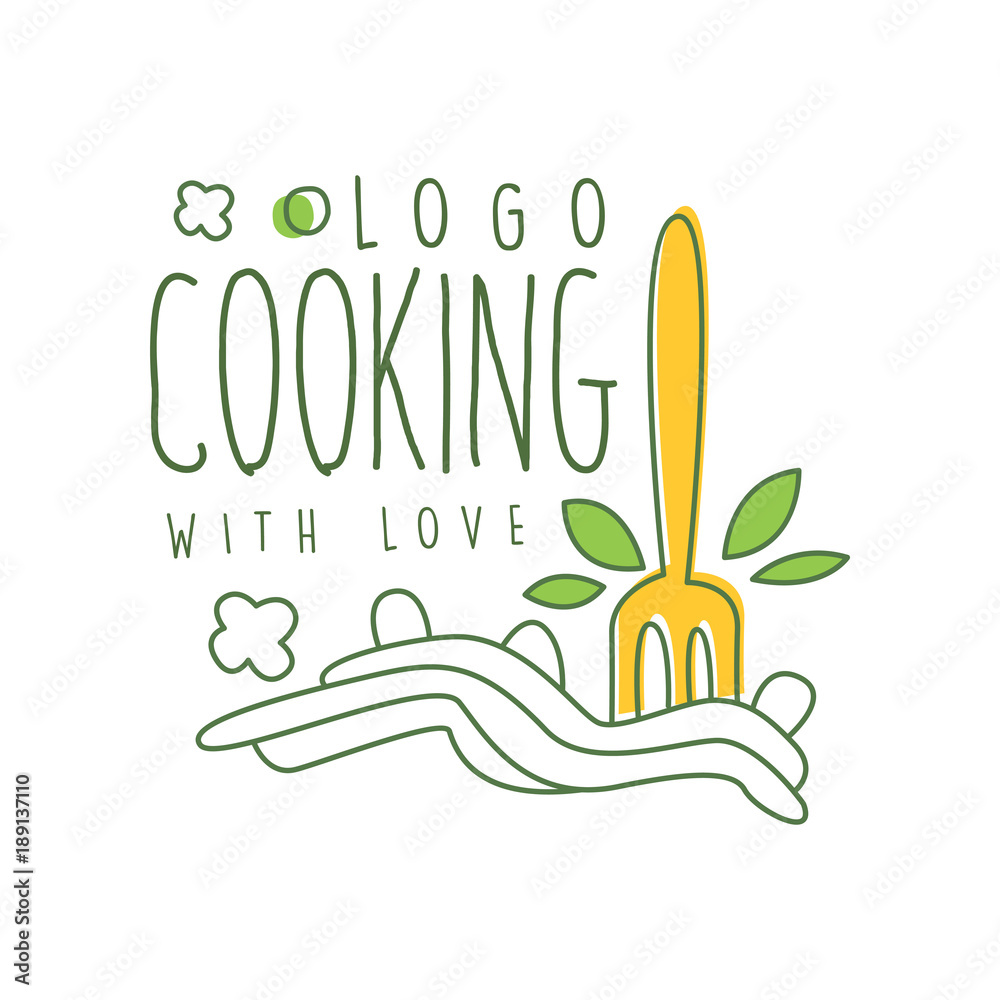 Cooking with love logo design with illustration of fork in pasta. Abstract line art drawing of homemade noodles. Hand drawn vector on white. Cooking with love logo design with illustration of fork in pasta. Abstract line art drawing of homemade noodles. Hand drawn vector on white.