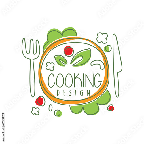 Culinary logo original design with top view dinner dish and lettering. Creative label for cafe or restaurant card, menu, food delivery. Vector on white.