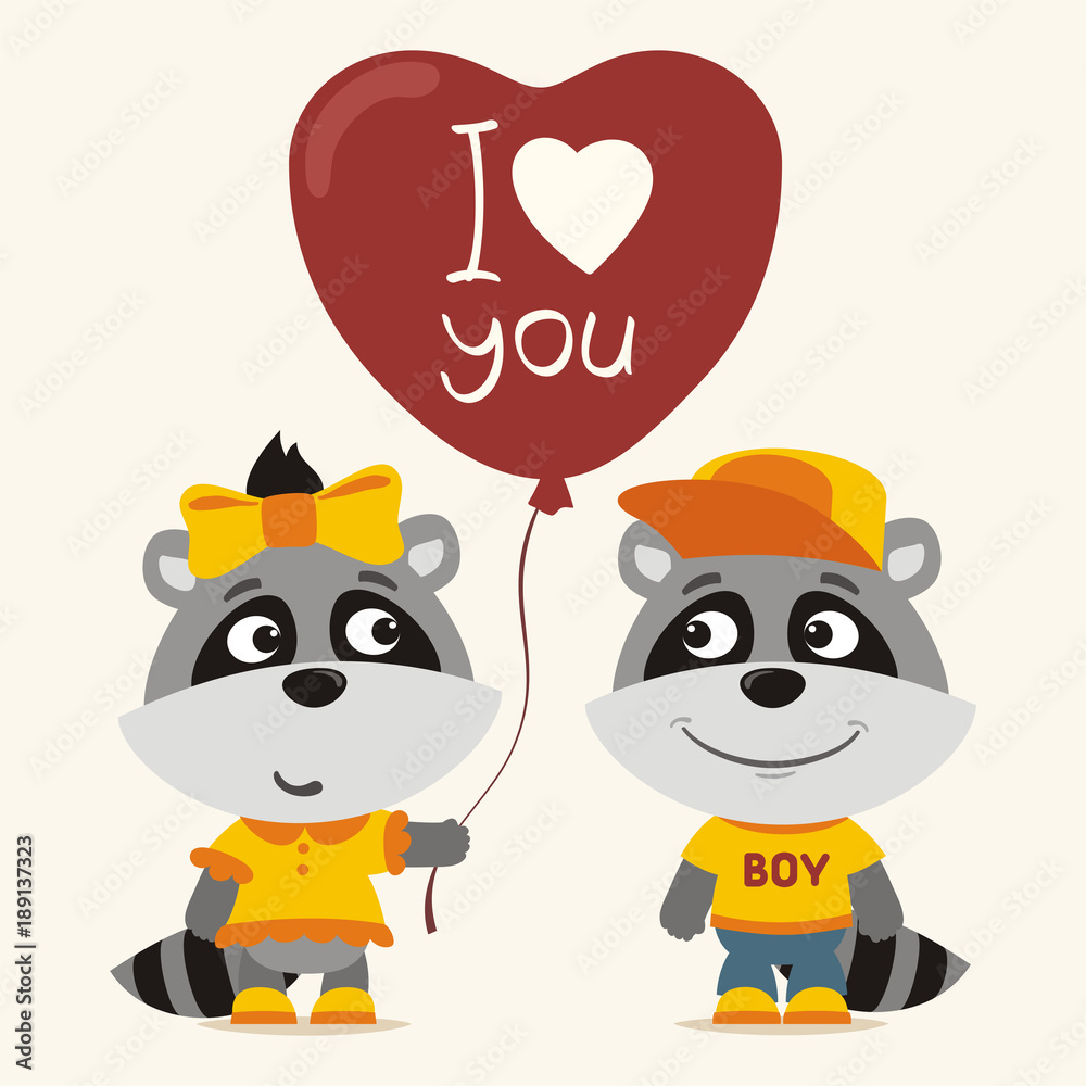 I love you! Funny raccoon girl gives balloon heart for raccoon boy. Greeting  card for Valentine's Day. Stock Vector | Adobe Stock