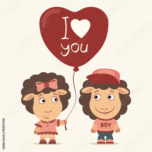 I love you! Funny sheep girl gives balloon heart for sheep boy. Greeting card for Valentine's Day.